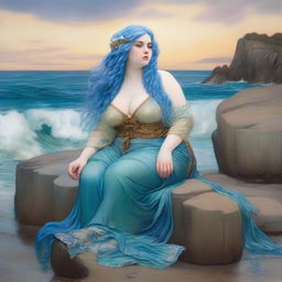 A captivating scene featuring a chubby sea woman with blue hair in the style of Pre-Raphaelite art