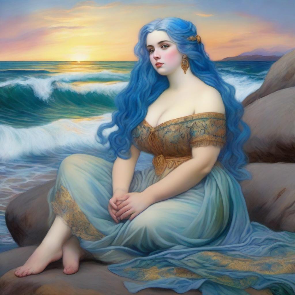 A captivating scene featuring a chubby sea woman with blue hair in the style of Pre-Raphaelite art