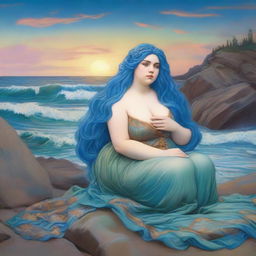 A captivating scene featuring a chubby sea woman with blue hair in the style of Pre-Raphaelite art