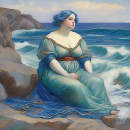 A captivating scene featuring a chubby sea woman with short blue hair in the style of Pre-Raphaelite art