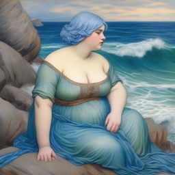 A captivating scene featuring a chubby sea woman with short blue hair in the style of Pre-Raphaelite art