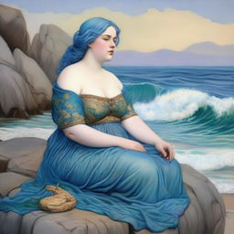 A captivating scene featuring a chubby sea woman with short blue hair in the style of Pre-Raphaelite art