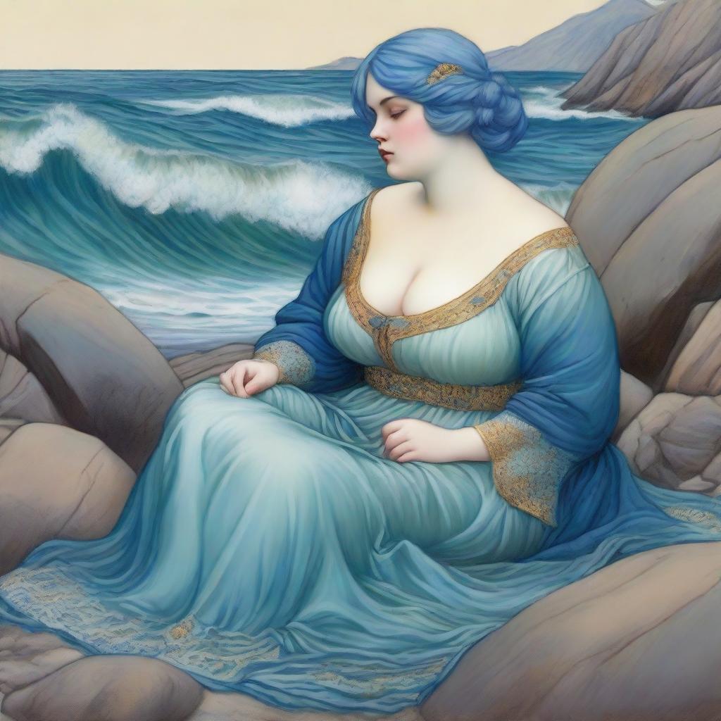 A captivating scene featuring a chubby sea woman with short blue hair in the style of Pre-Raphaelite art