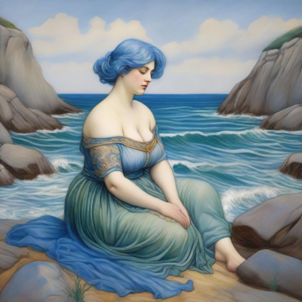 A captivating scene featuring a chubby sea woman with short blue hair in the style of Pre-Raphaelite art