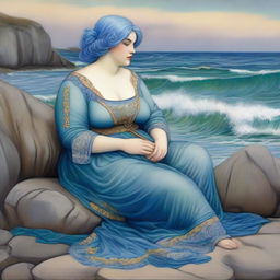 A captivating scene featuring a chubby sea woman with short blue hair in the style of Pre-Raphaelite art