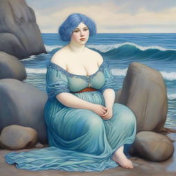 A captivating scene featuring a chubby sea woman with short blue hair in the style of Pre-Raphaelite art