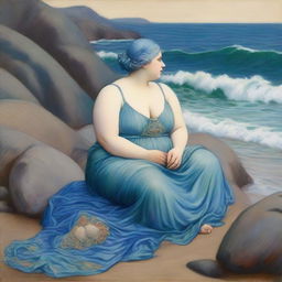 A captivating scene featuring a chubby sea woman with short blue hair in the style of Pre-Raphaelite art