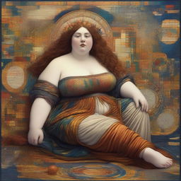 A captivating scene featuring a chubby woman in the style of Pre-Raphaelite art, surrounded by abstract representations of data