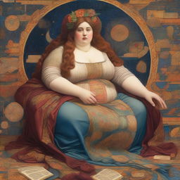 A captivating scene featuring a chubby woman in the style of Pre-Raphaelite art, surrounded by abstract representations of data