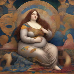 A captivating scene featuring a chubby woman in the style of Pre-Raphaelite art, surrounded by abstract representations of data