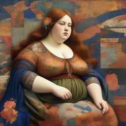 A captivating scene featuring a chubby woman in the style of Pre-Raphaelite art, surrounded by abstract representations of data