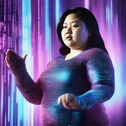 A dynamic scene featuring a chubby woman surrounded by streams of data