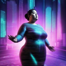 A dynamic scene featuring a chubby woman surrounded by streams of data