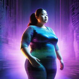 A dynamic scene featuring a chubby woman surrounded by streams of data