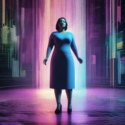 A dynamic scene featuring a chubby woman surrounded by streams of data