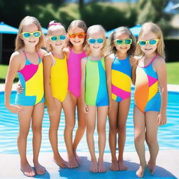 A group of girls in colorful swimming costumes, standing by a poolside with bright sunny weather