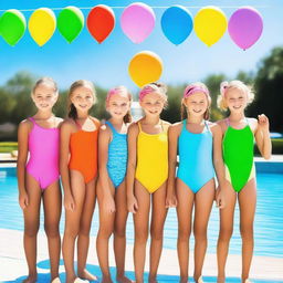 A group of girls in colorful swimming costumes, standing by a poolside with bright sunny weather