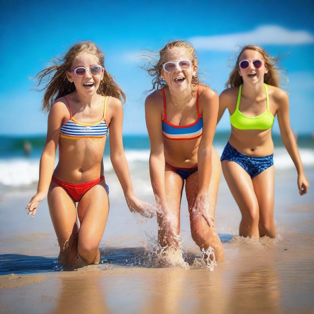 Teen girls wearing swimming costumes at the beach, enjoying a sunny day with clear blue skies, playing in the sand, and splashing in the water