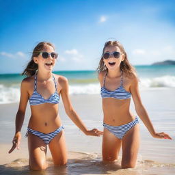 Teen girls wearing swimming costumes at the beach, enjoying a sunny day with clear blue skies, playing in the sand, and splashing in the water