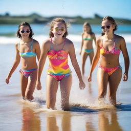 Teen girls wearing swimming costumes at the beach, enjoying a sunny day with clear blue skies, playing in the sand, and splashing in the water