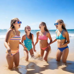 Teen girls wearing swimming costumes at the beach, enjoying a sunny day with clear blue skies, playing in the sand, and splashing in the water