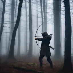 A skilled hunter stands in a dark, eerie forest, aiming his bow and arrow towards an unseen target