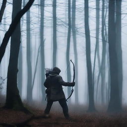 A skilled hunter stands in a dark, eerie forest, aiming his bow and arrow towards an unseen target