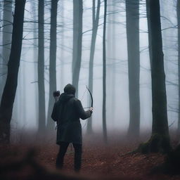 A skilled hunter stands in a dark, eerie forest, aiming his bow and arrow towards an unseen target