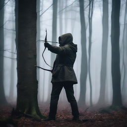 A skilled hunter stands in a dark, eerie forest, aiming his bow and arrow towards an unseen target