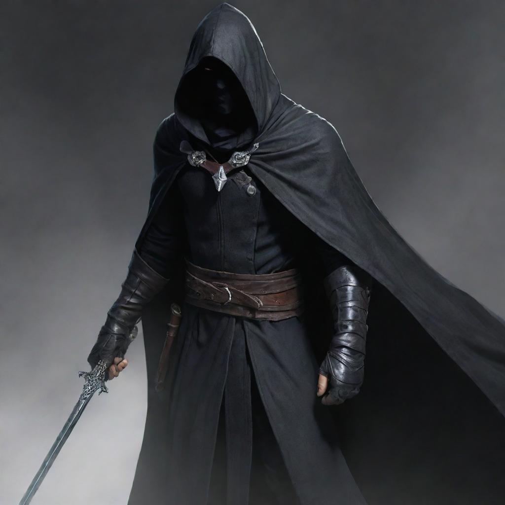 A male RPG character, an assassin, shrouded in a cloak, holding dual daggers, with piercing eyes slightly visible beneath the hood.