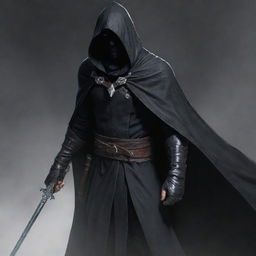 A male RPG character, an assassin, shrouded in a cloak, holding dual daggers, with piercing eyes slightly visible beneath the hood.