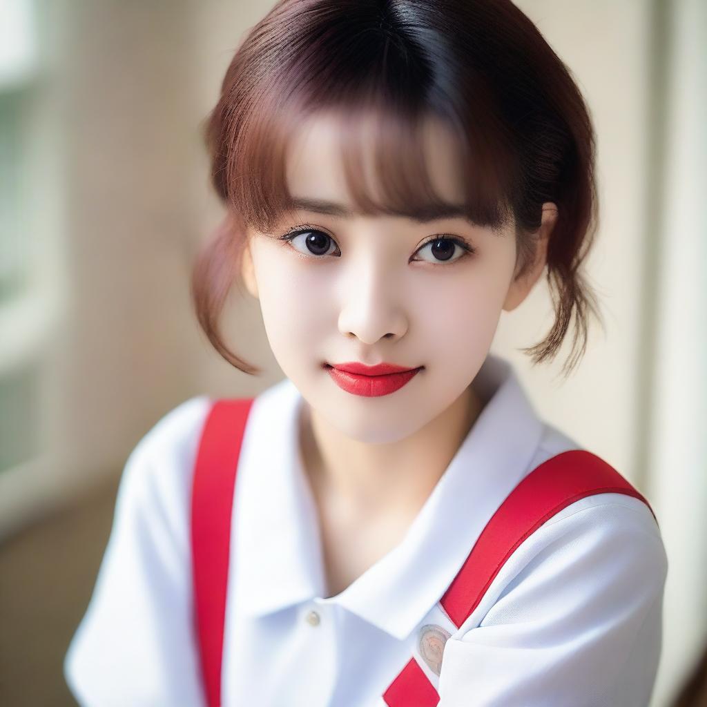 A 25-year-old girl with very white skin, sharp eyes and long eyelashes, soft and firm puffy cheeks, the perfect and most beautiful face, short bright hair, red and attractive lips, and good looking hips