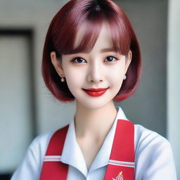 A 25-year-old girl with very white skin, sharp eyes and long eyelashes, soft and firm puffy cheeks, the perfect and most beautiful face, short bright hair, red and attractive lips, and good looking hips