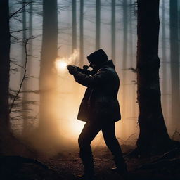 A determined hunter is firing a gun at night in a dark forest