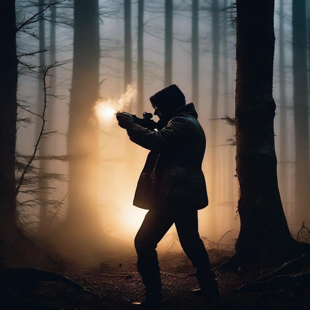 A determined hunter is firing a gun at night in a dark forest
