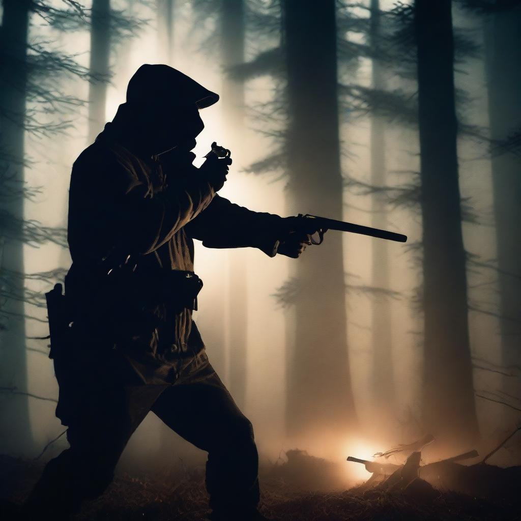 A determined hunter is firing a gun at night in a dark forest