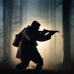 A determined hunter is firing a gun at night in a dark forest