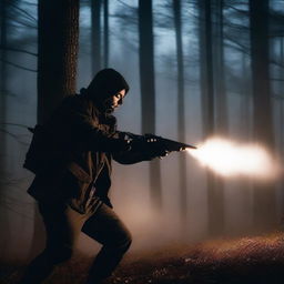 A determined hunter is firing a gun at night in a dark forest