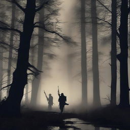 A night scene depicting two hunters walking through a dark forest with rifles in their hands