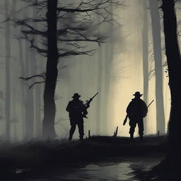 A night scene depicting two hunters walking through a dark forest with rifles in their hands