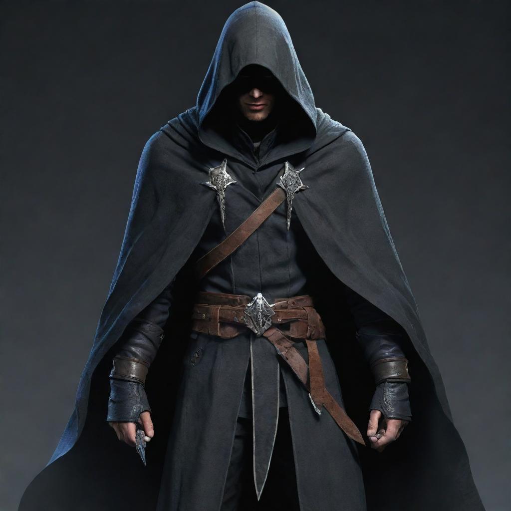 A male RPG character, an assassin, shrouded in a cloak, holding dual daggers, with piercing eyes slightly visible beneath the hood.