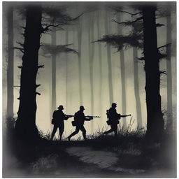 A night scene depicting two hunters walking through a dark forest with rifles in their hands