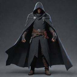 A male RPG character, an assassin, shrouded in a cloak, holding dual daggers, with piercing eyes slightly visible beneath the hood.