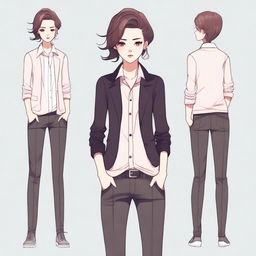 A stylish and androgynous character with a delicate and feminine appearance, wearing fashionable clothing