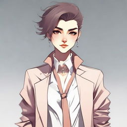 A stylish and androgynous character with a delicate and feminine appearance, wearing fashionable clothing