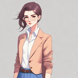 A stylish and androgynous character with a delicate and feminine appearance, wearing fashionable clothing