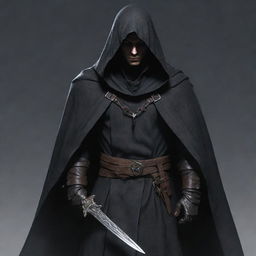 A male RPG character, an assassin, shrouded in a cloak, holding dual daggers, with piercing eyes slightly visible beneath the hood.