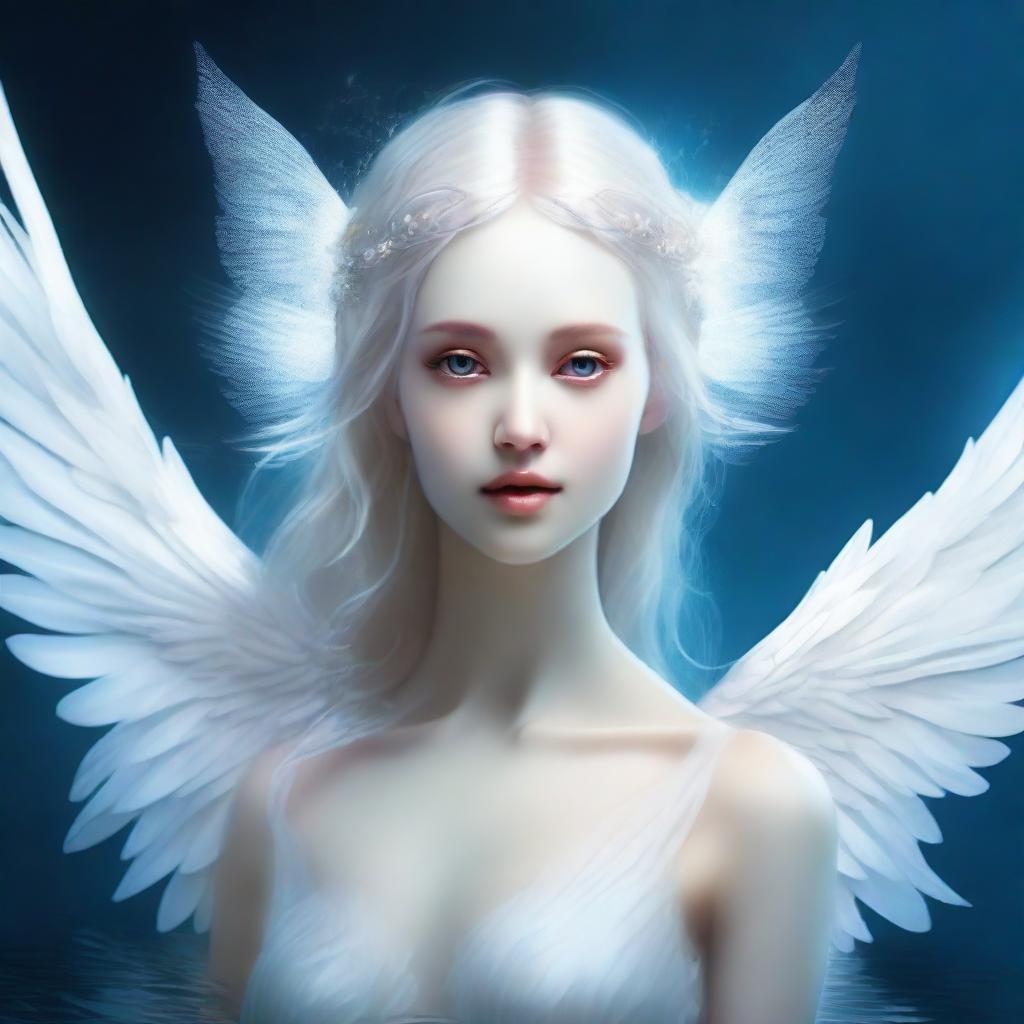 Create an image of a beautiful creature that is half fish, half human with pristine white angel wings