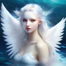 Create an image of a beautiful creature that is half fish, half human with pristine white angel wings