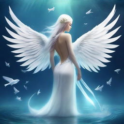 Create an image of a beautiful creature that is half fish, half human with pristine white angel wings and a long, elegant tail